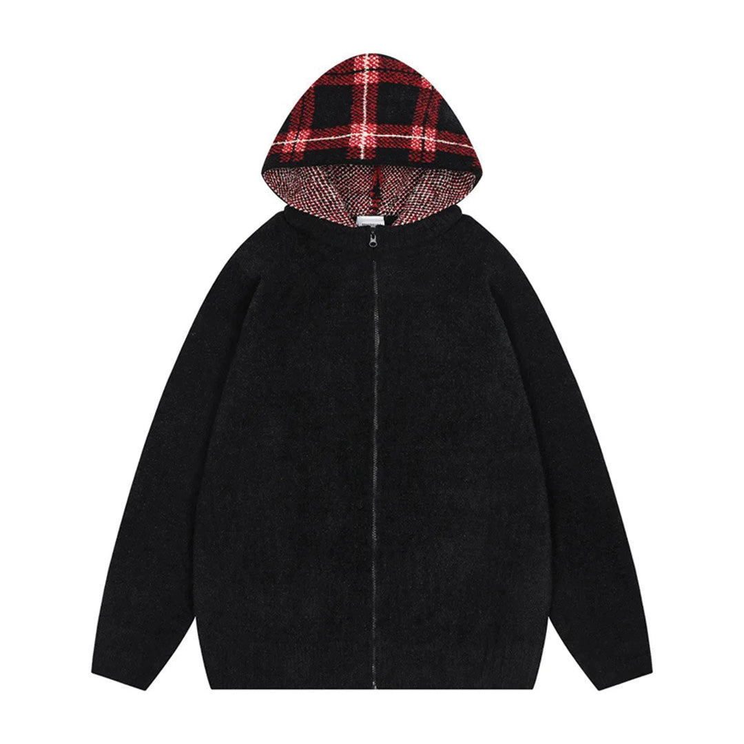 Pull À Capuche En Laine Brossée Avec Motif Tartan Plaid Et Corps Uni Zip Zippé Premium