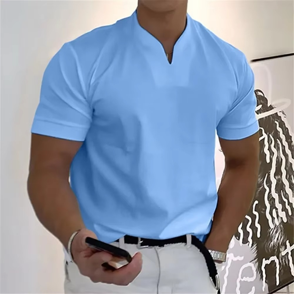 T Shirt Homme Été Col V Manches Courtes Coton Élastique Respirant Athlétique Décontracté