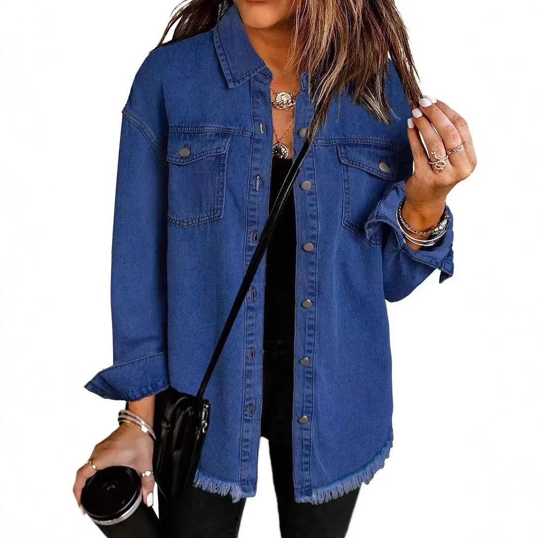 Sophia Amawinc Veste Chemise Denim Doux Lavé Coton Ourlet Frangé Décontractée Pour Superposition