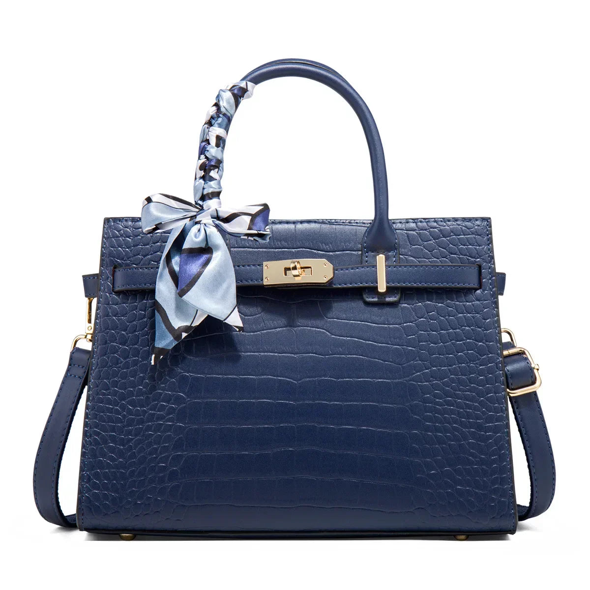 Sac À Main Midi Structuré Vegan Cuir Crocodile Guiliana Davoli Avec Foulard Et Boucle Dorée