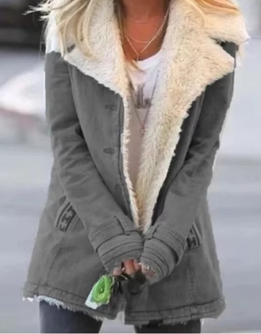Veste Longue Féminine En Peluche À Revers Pour Automne Hiver Parka Confortable Élégante Et Chaude