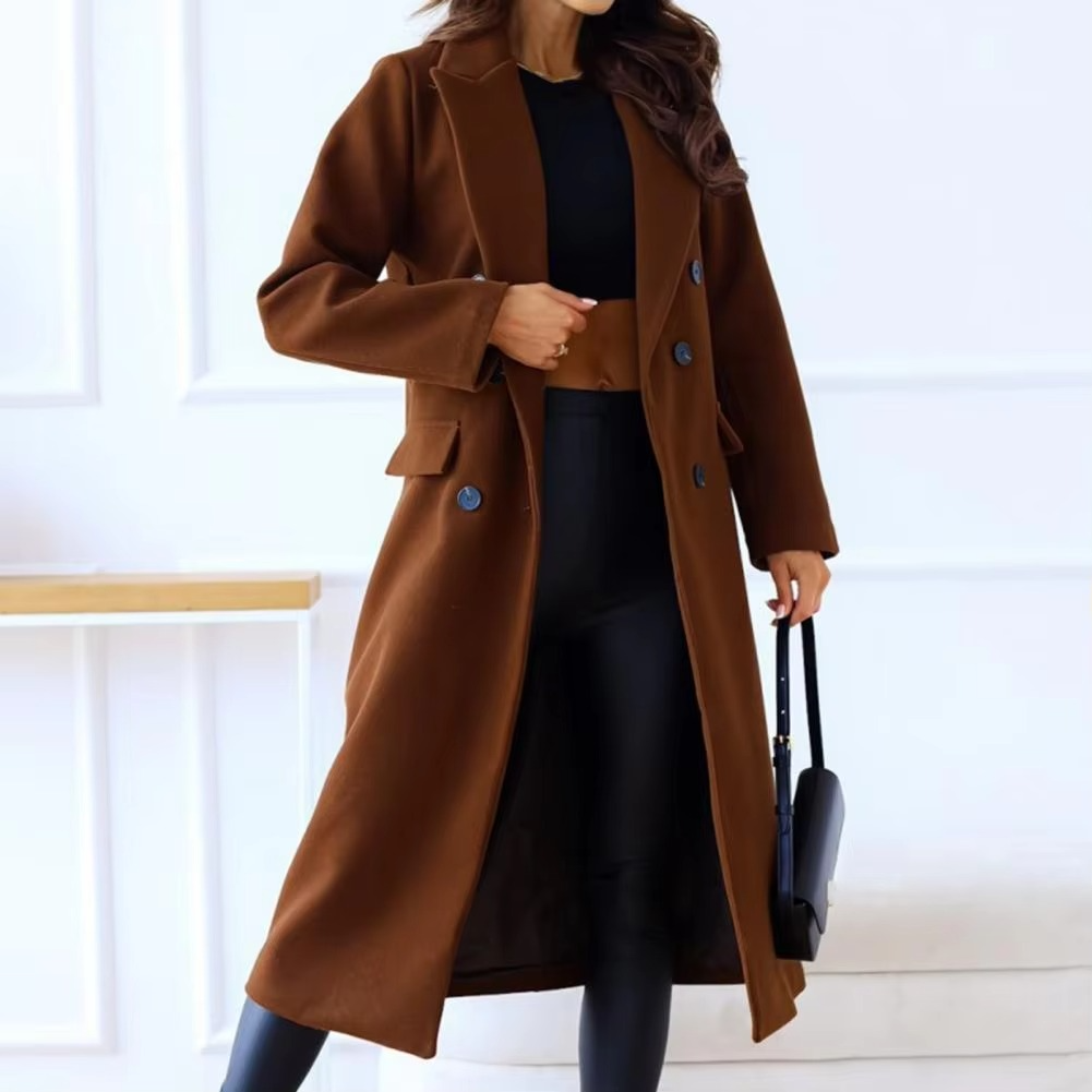 Manteau D'Hiver Pour Femme Double Boutonnage Mi-Long À Revers Élégant Avec Manches Longues