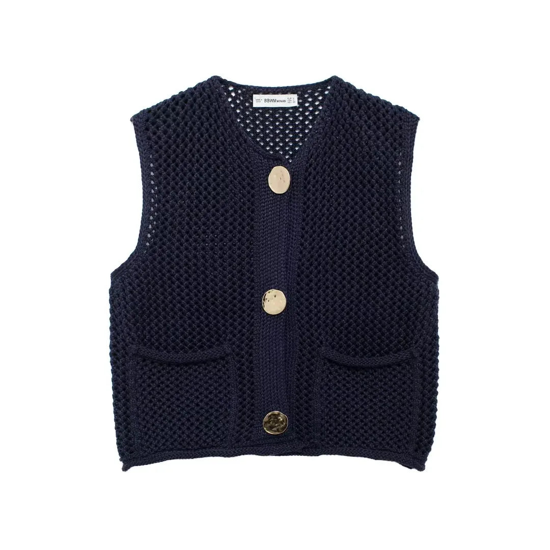 Gilet En Maille Texturé Respirant Facile À Superposer Avec Boutons Oversize Et Poches Profondes