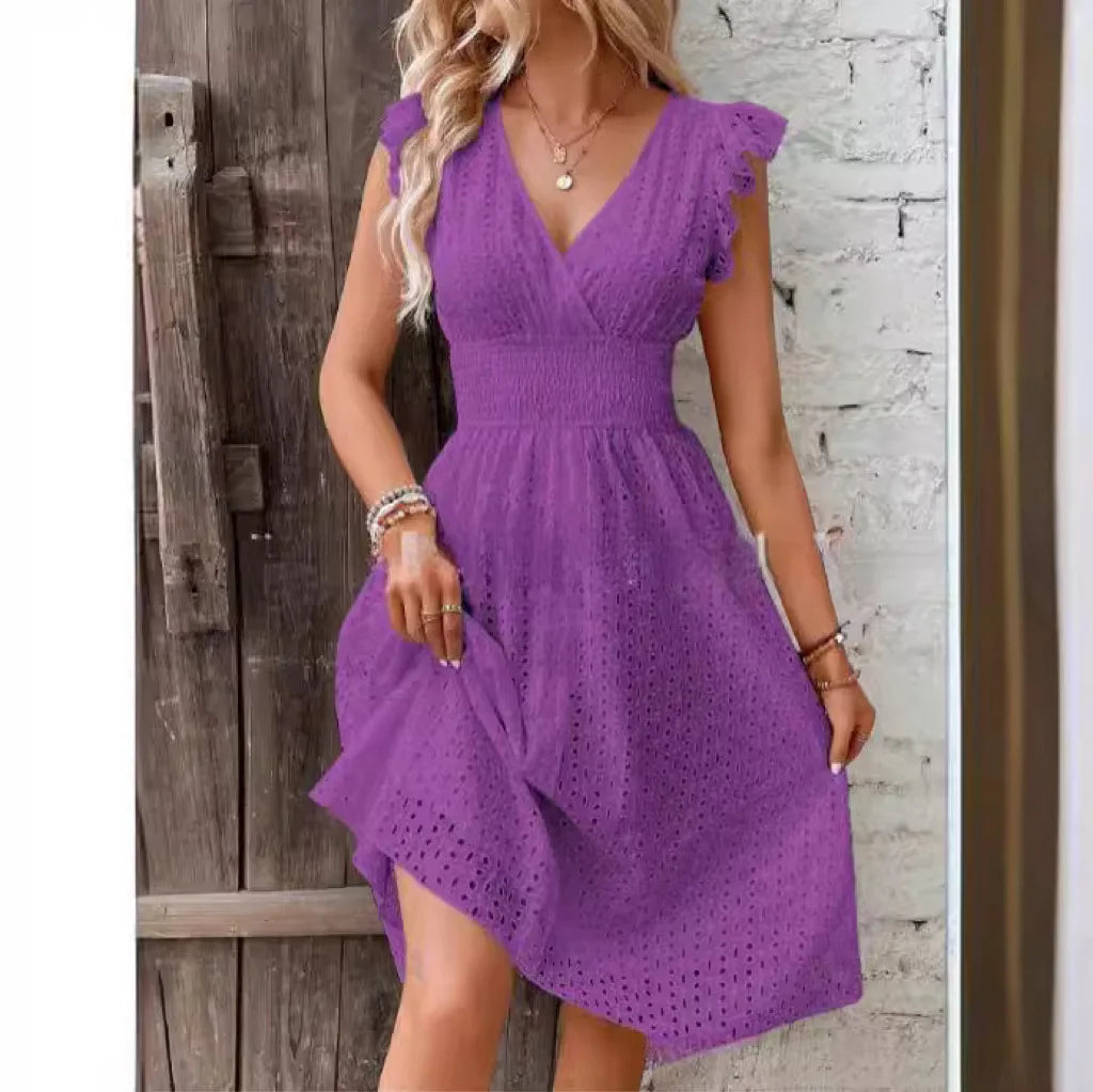 Amawinc Lily Robe d'Été à Encolure V Confortable et Légère Détail Ajouré Élégant Décontractée