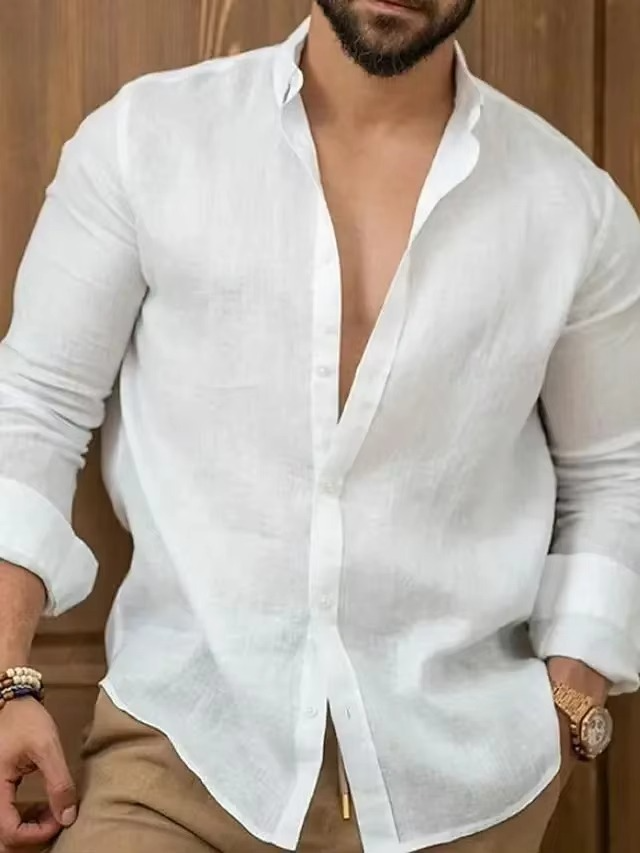 Chemise Homme Slim Fit En Coton Lin À Manches Longues Rose Confort Quotidien Style Décontracté Chic