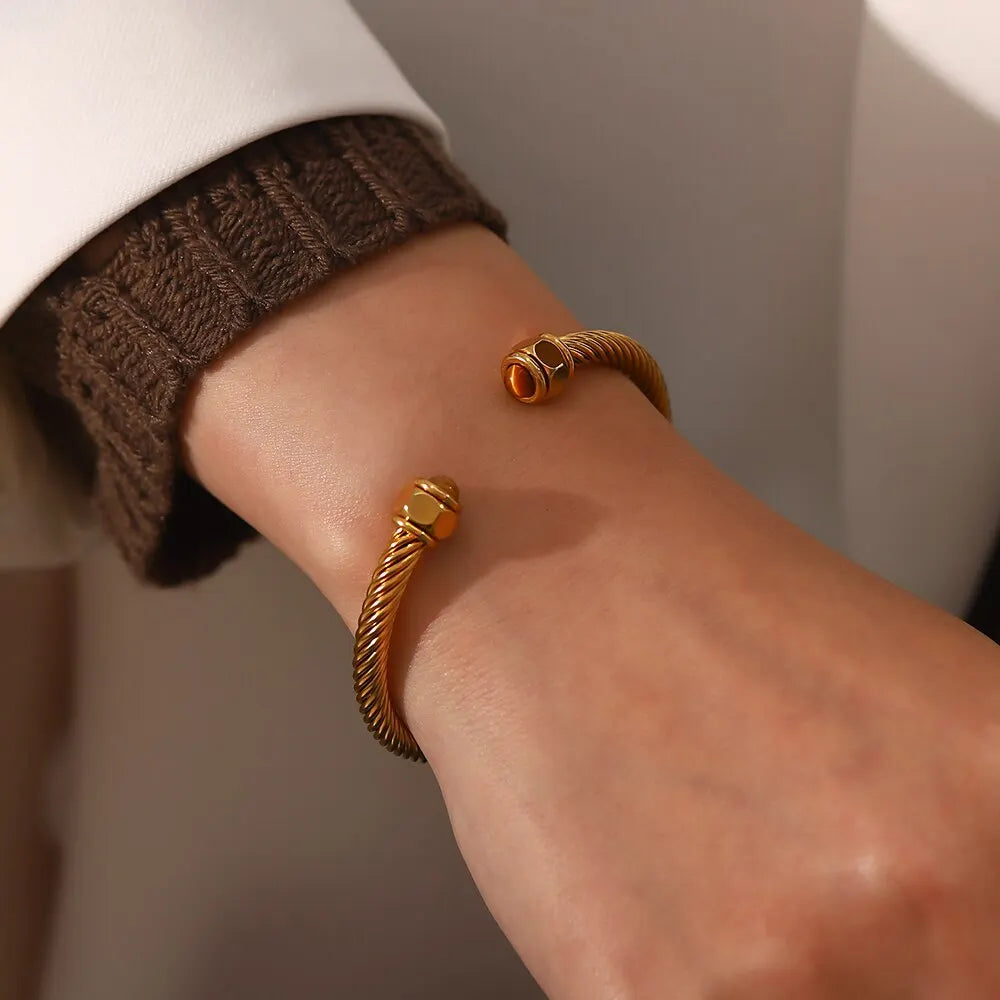 Bracelet Plaqué Or 18K Virelle Bande Torsadée En Corde Avec Pierres Naturelles Polies Résistant À Oxydation Inoxydable