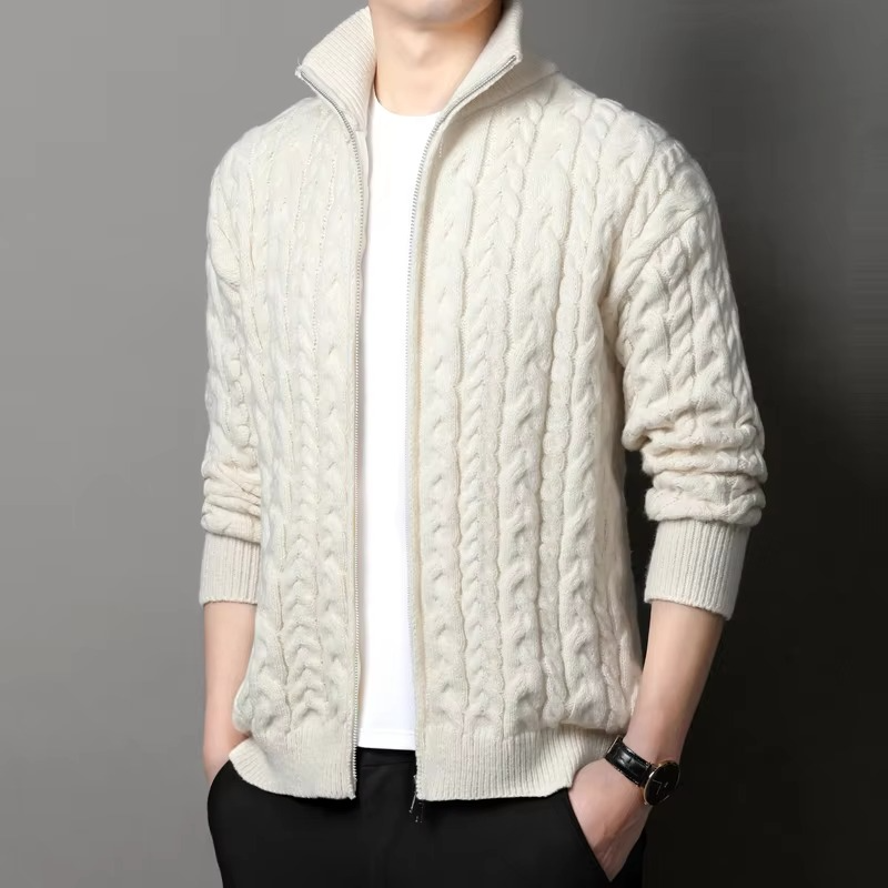 Manteau Cardigan Zippé En Tricot Épais Pour Homme Avec Col Debout Chaud Pour L Hiver