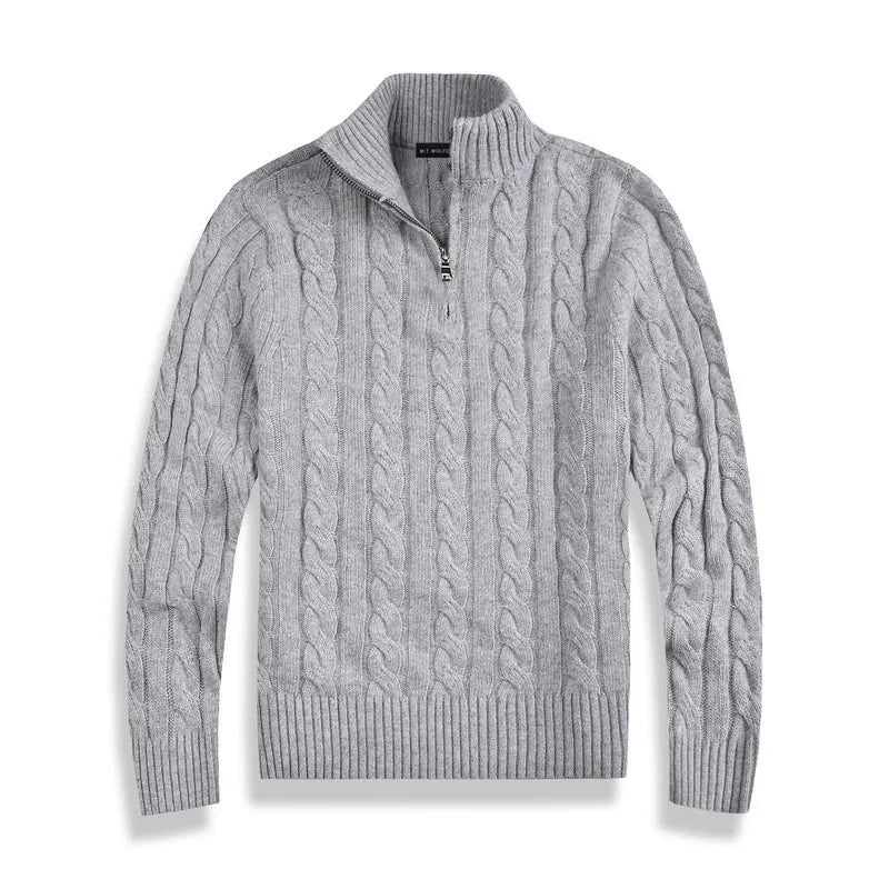 Amawinc Henry Pull À Mi Zip En Maille Cable Mélange Laine Coton Pour Homme Col Montant Et Bordures Côtelées