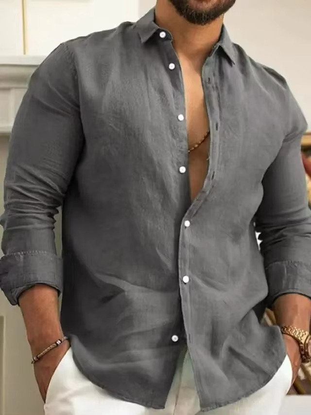 Chemise Homme Slim Fit En Coton Lin À Manches Longues Rose Confort Quotidien Style Décontracté Chic