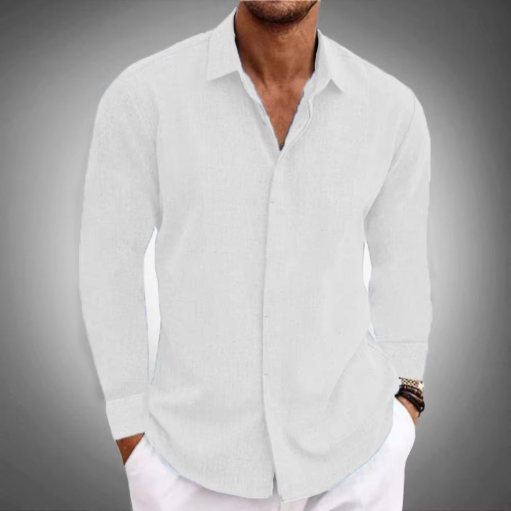Chemise Homme Lin Uni À Manches Longues Boutonnée Décontractée Pour Le Travail Et Les Fins De Semaine