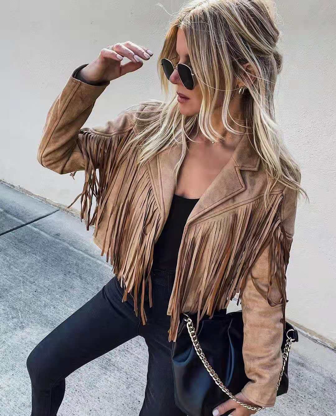 Avelena Fransen-Saum Cardigan, E-Girl Bikerjacke, 90er Vintage Streetwear