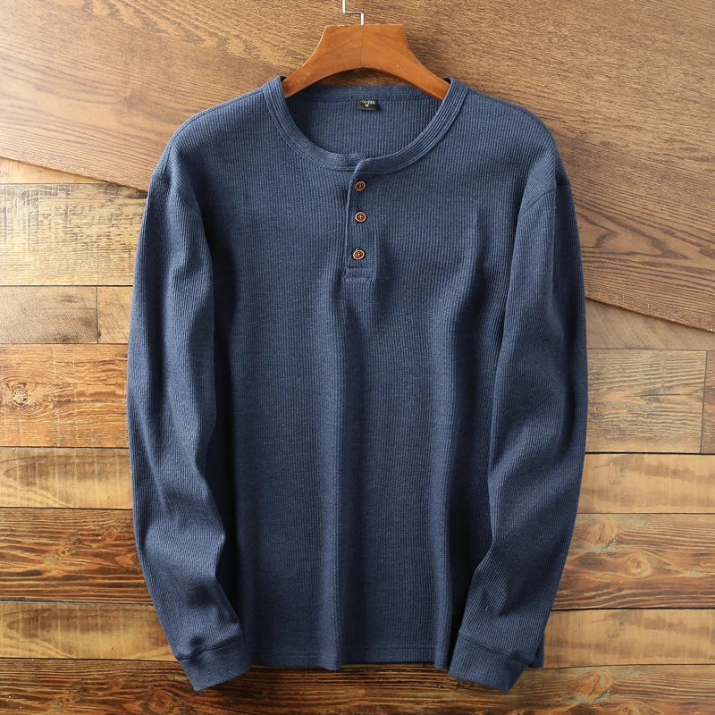 Henley À Manches Longues Mélange Coton Maille Waffle Confort Premium Surpiqûres Doubles