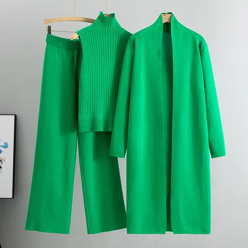 Ensemble Cardigan Trois Pièces Pour Femmes Jessica Pantalon À Jambe Large Et Haut Sans Manches Côtelé