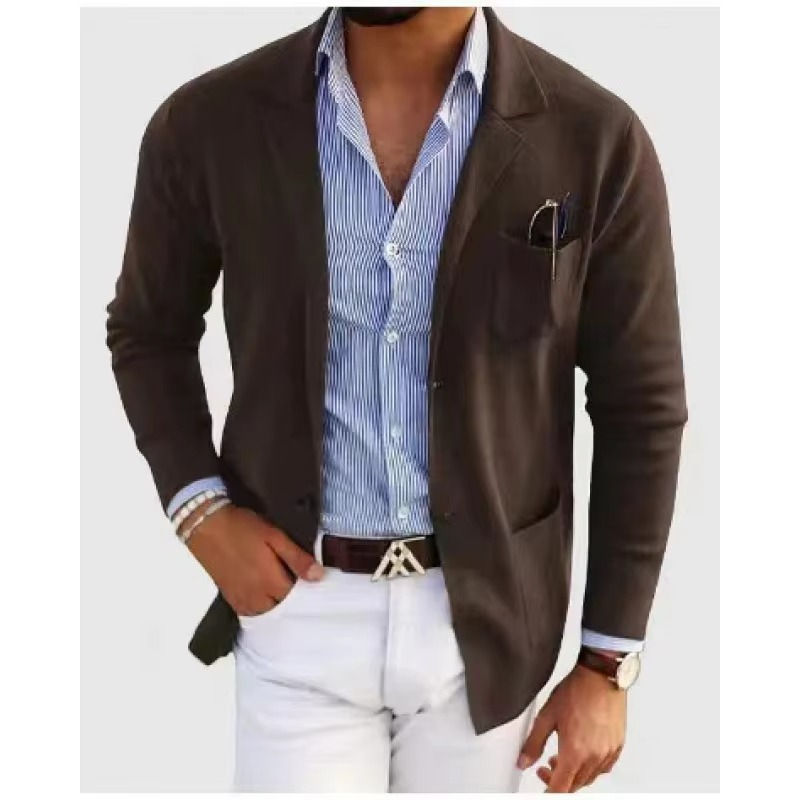 Veste Cardigan Tricot Pour Homme Couleur Unie Avec Col Revers Et Poches Multiples
