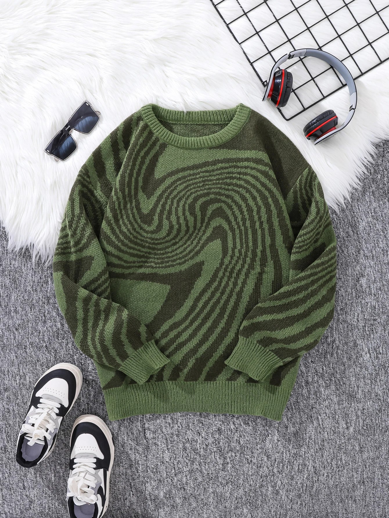 Pull En Laine Abstrait Swirlstorm Motif Jacquard Inspiré Labyrinthe Confort Décontracté