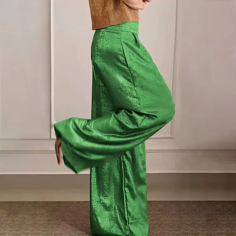 Pantalon Métallique Printemps À Taille Haute À Jambes Larges Pour Femmes Avec Finition Brillante