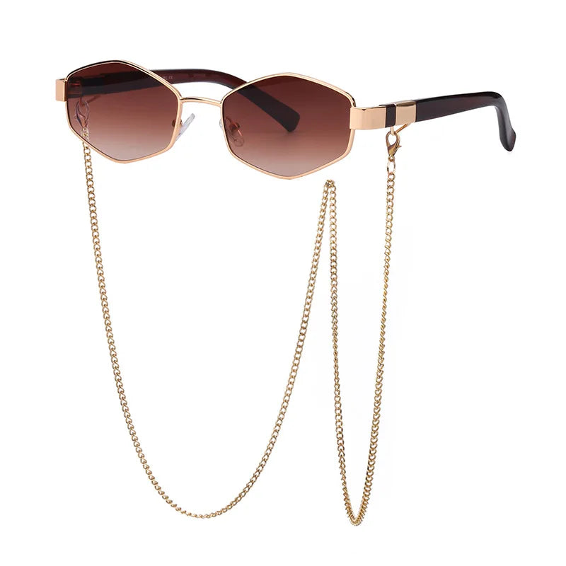Lunettes de Soleil Vianò Hexagonales en Métal Léger avec Chaîne Dorée et Protection UV400