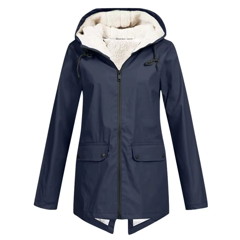 Veste Trench Imperméable À Capuche Doublée Velours Pour Automne Et Hiver Pour Femmes