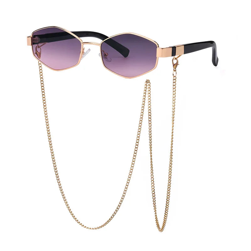 Lunettes de Soleil Vianò Hexagonales en Métal Léger avec Chaîne Dorée et Protection UV400