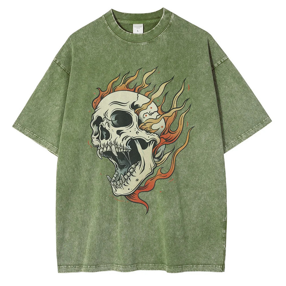 Amawinc Tee Shirt Crâne Enflammé Acid Wash Oversize Poids Lourds Graphique Flamme En Coton 100 Pourcent