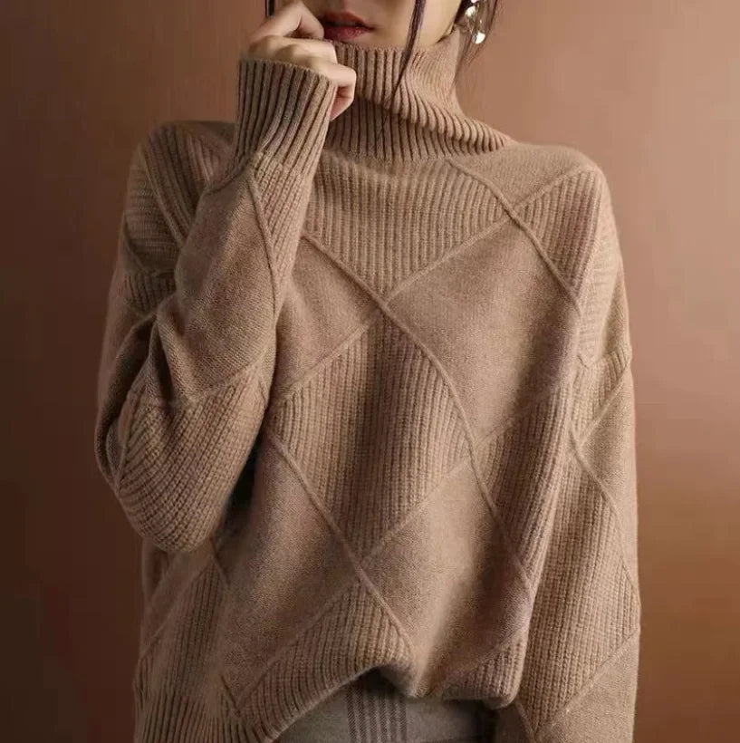 Allegra Pull En Cachemire Mélangé Motif Tricot Diamant Col Roulé Classique Coupe Ajustée Parfait Pour Superposition