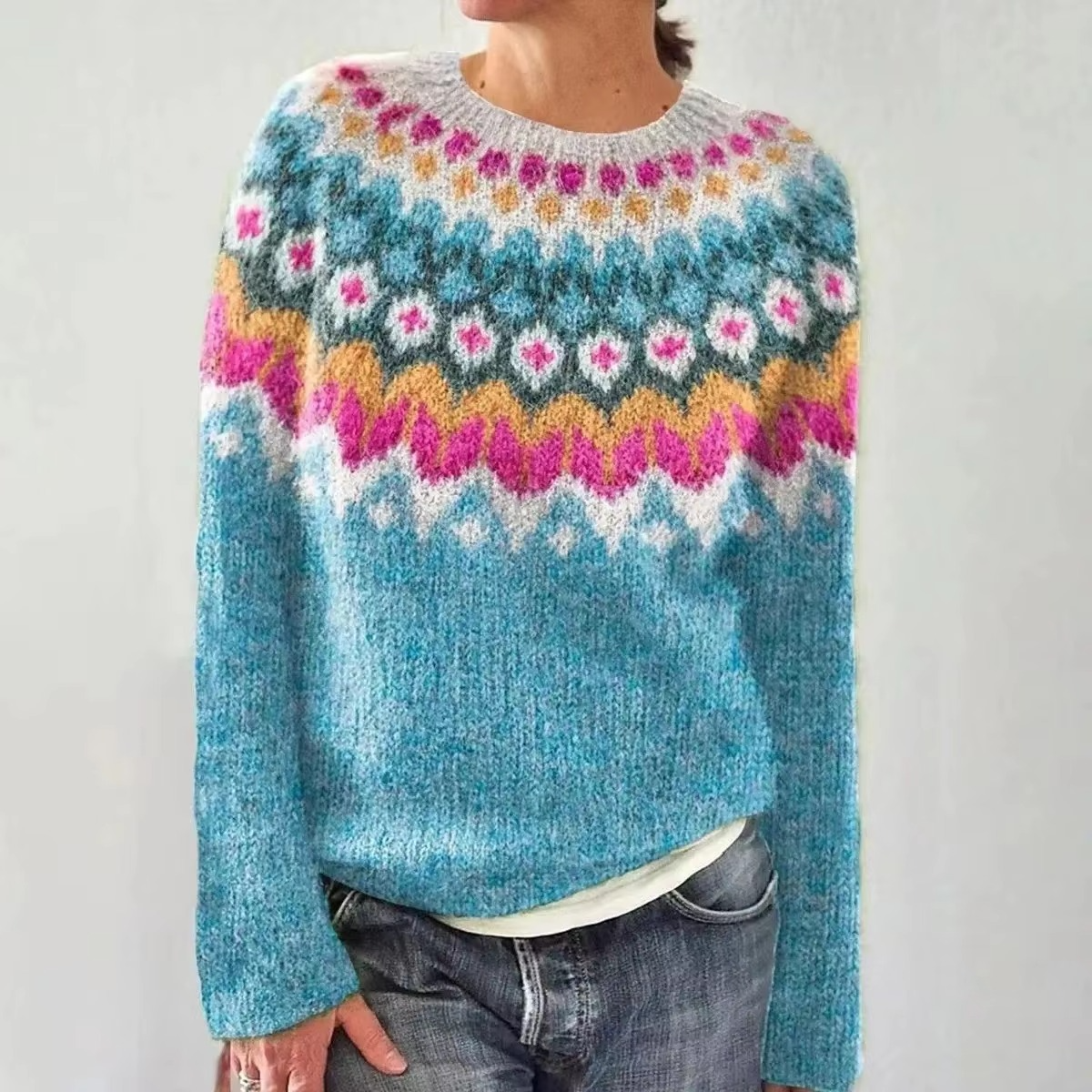 Top En Maille Décontracté Color Block Pour Femme Col Rond Manches Longues Confortable Élégant