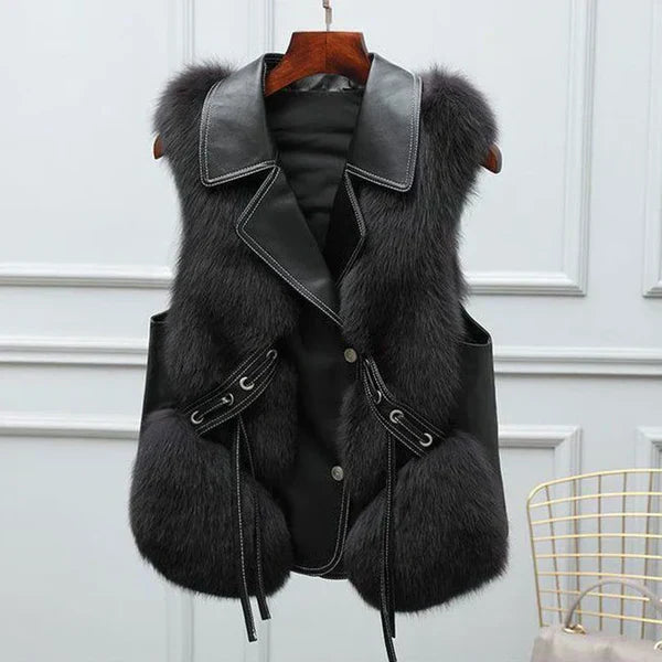 Gilet En Fourrure À Col Sans Manche Coupe Regular Avec Bordure En Fourrure Et Détail Noeud Pour Soirée