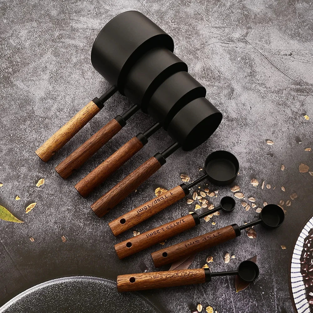 Ensemble De Tasses Mesure En Acier Inoxydable Avec Poignée En Bois Timberware Mesures Gravées Claires Rangement Empilable