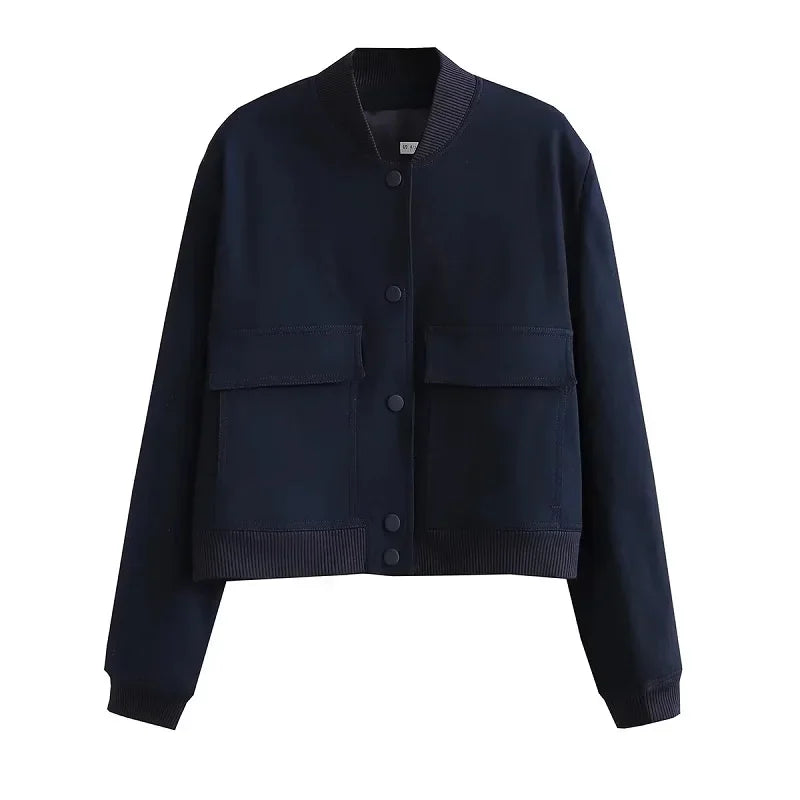 Avelena Damen Bomberjacke Weiß Herbst Winter Kurzjacke mit Knöpfen Langarm