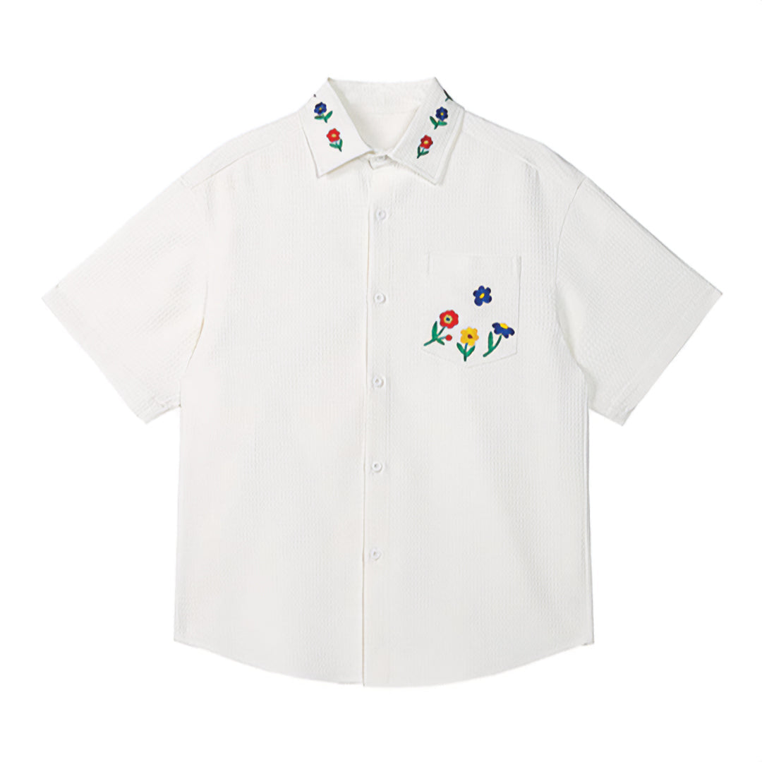 Chemise Garden Crest En Coton Pur Avec Col Camp Poche Broderie Florale Contraste Manches Courtes Coupe Décontractée