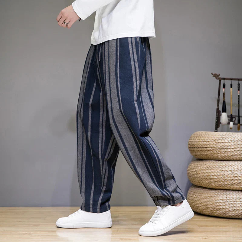 Ikigai Pantalon Cropped Rayures Alternées en Coton Lin Léger Coupe Décontractée à la Cheville