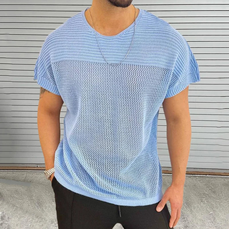 Amawinc Tee Shirt Maille Mesh Vibe Col Rond Pour Homme Respirant Léger Streetwear Été Confortable