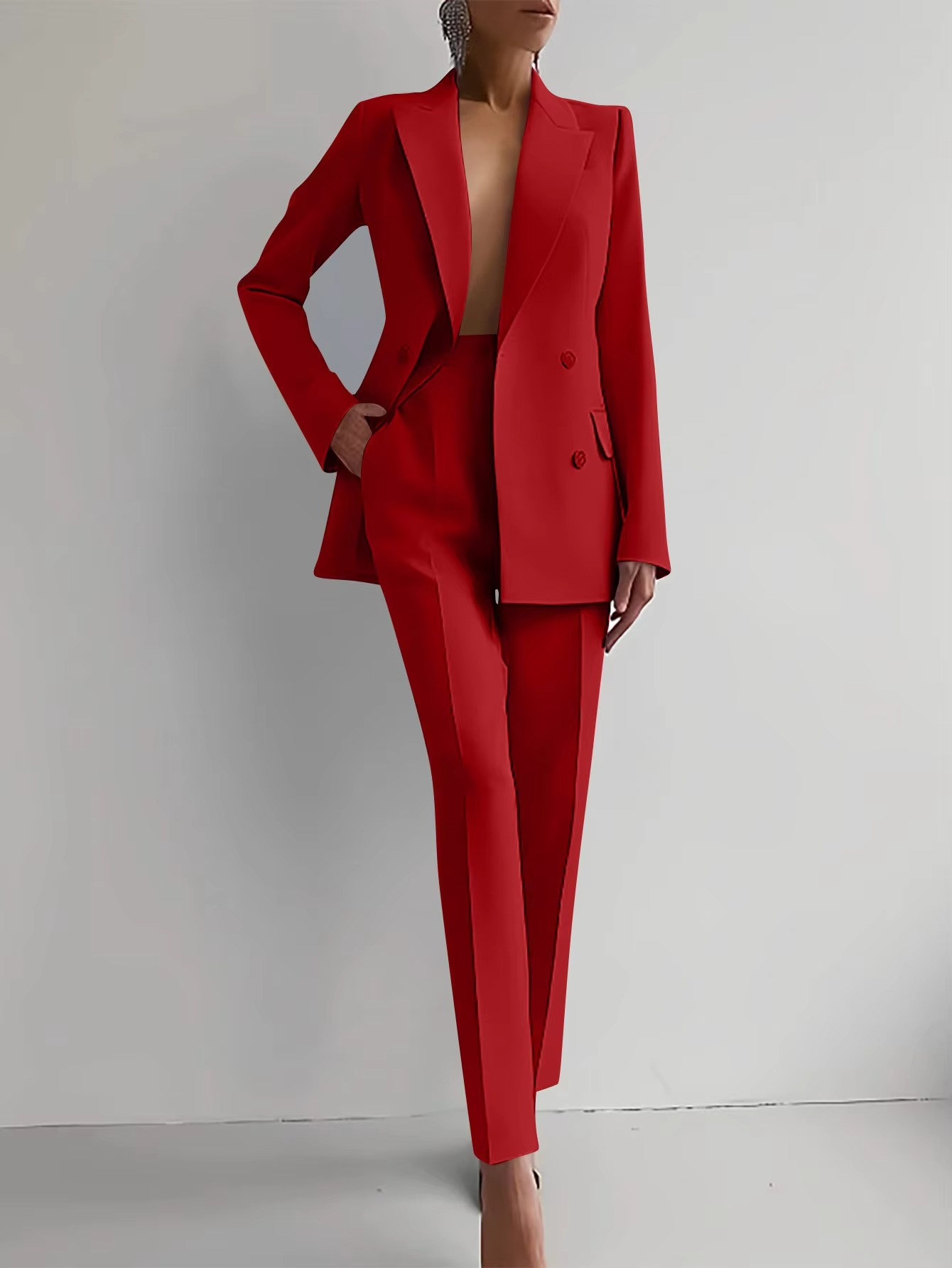 Ensemble Blazer Femme Et Pantalon Taille Haute Deux Pièces Couleur Unie Amawinc Élégant