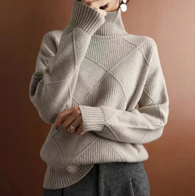 Allegra Pull En Cachemire Mélangé Motif Tricot Diamant Col Roulé Classique Coupe Ajustée Parfait Pour Superposition