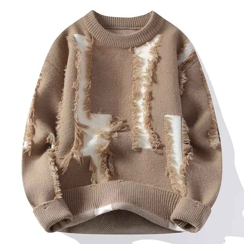 Pull Homme Maille Patchwork Usé Col Ras Du Cou Coupe Ample Confortable Amawinc Automne Casual