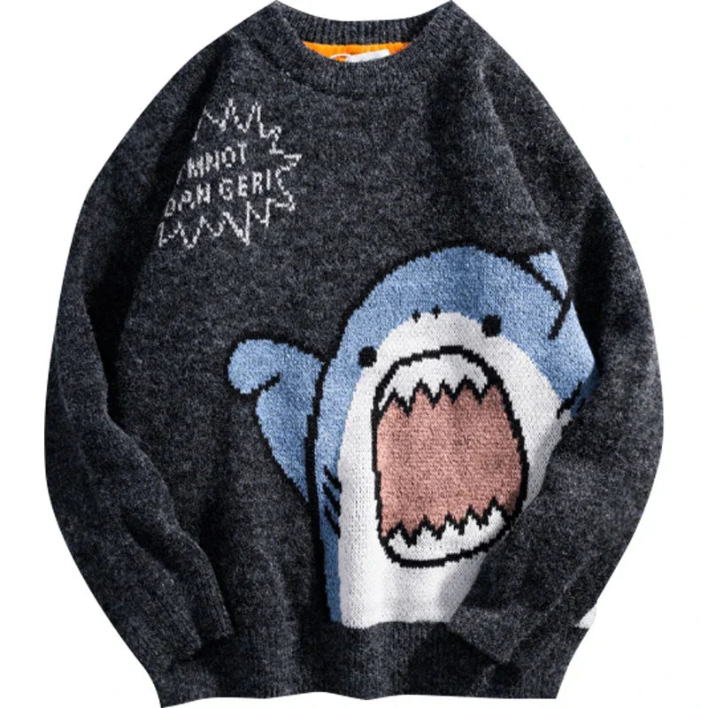 Pull Tricot Oversize Requin Harajuku Avec Graphique Audacieux Motif Requin Col Roulé Chaud