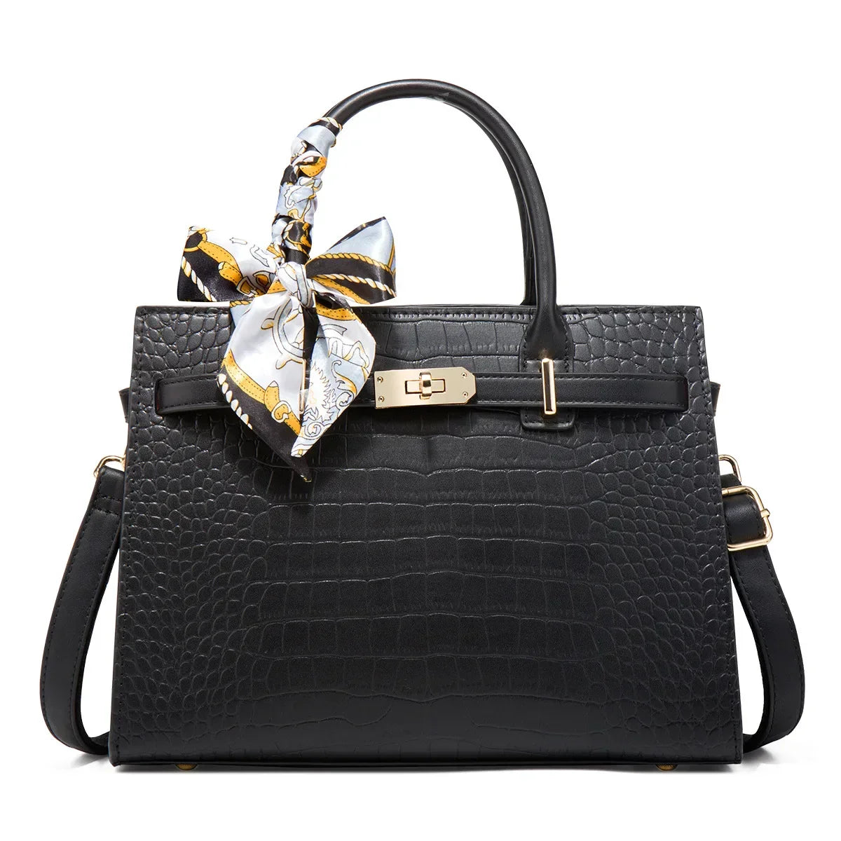 Sac À Main Midi Structuré Vegan Cuir Crocodile Guiliana Davoli Avec Foulard Et Boucle Dorée