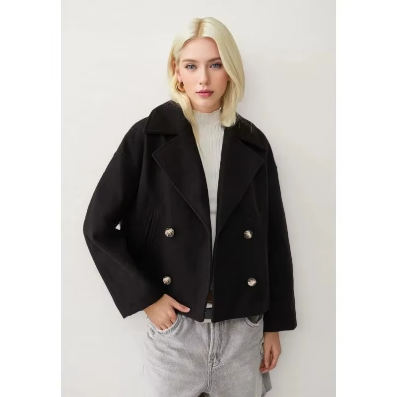 Manteau Court Automne En Laine Mélangée Pour Femme Avec Boutonnage Double Devant Et Col Revers