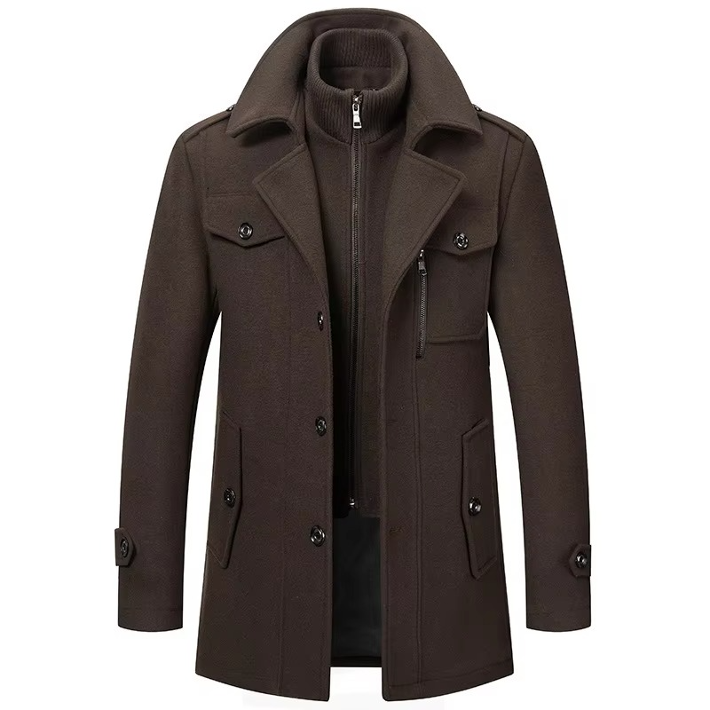 Manteau Trench Homme Mi Long En Laine Mélangée Avec Col Double Et Fermeture Éclair Sous Patte Pour Automne Hiver