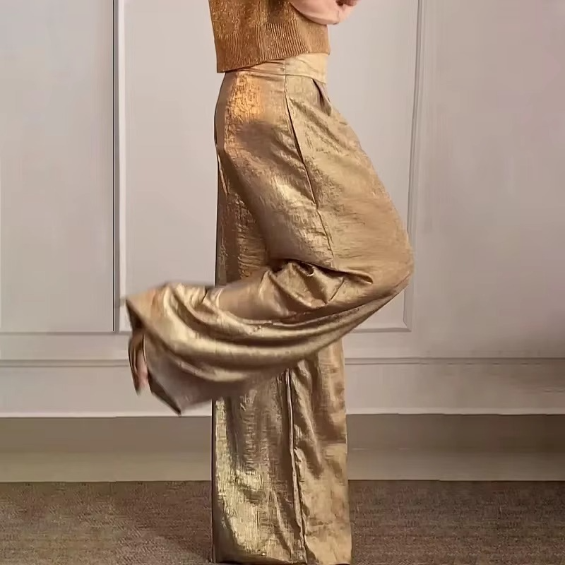 Pantalon Métallique Printemps À Taille Haute À Jambes Larges Pour Femmes Avec Finition Brillante