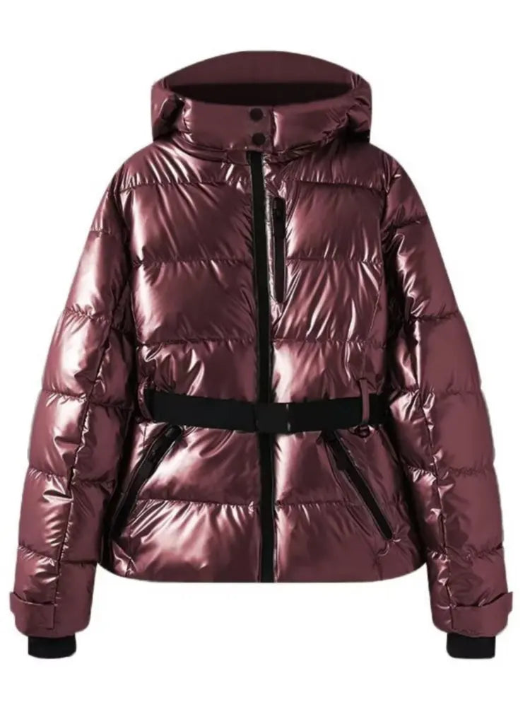 Manteau Puffer Matelassé Femme Hiver Avec Ceinture Coupe Ajustée Finition Métallique