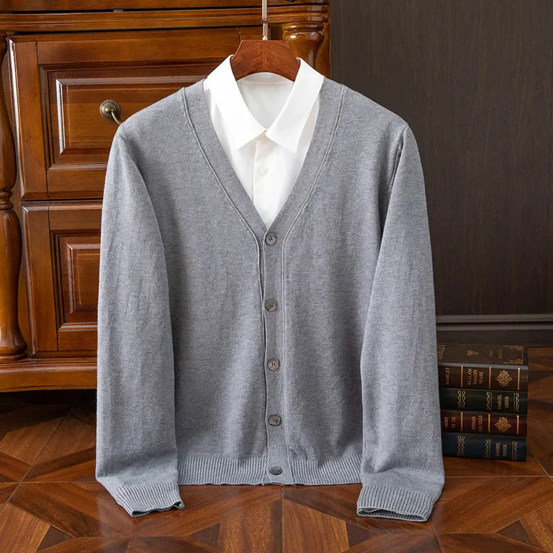 Amawinc William Heritage Cardigan Pour Hommes Gris Mélange Cachemire Laine Col V Coupe Décontractée