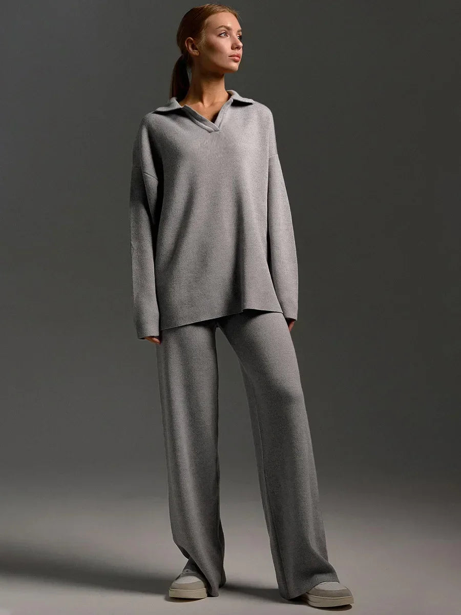Ensemble Décontracté Deux Pièces Ivey En Maille Douce Col Polo Mélange Polyester Viscose Avec Taille Élastique