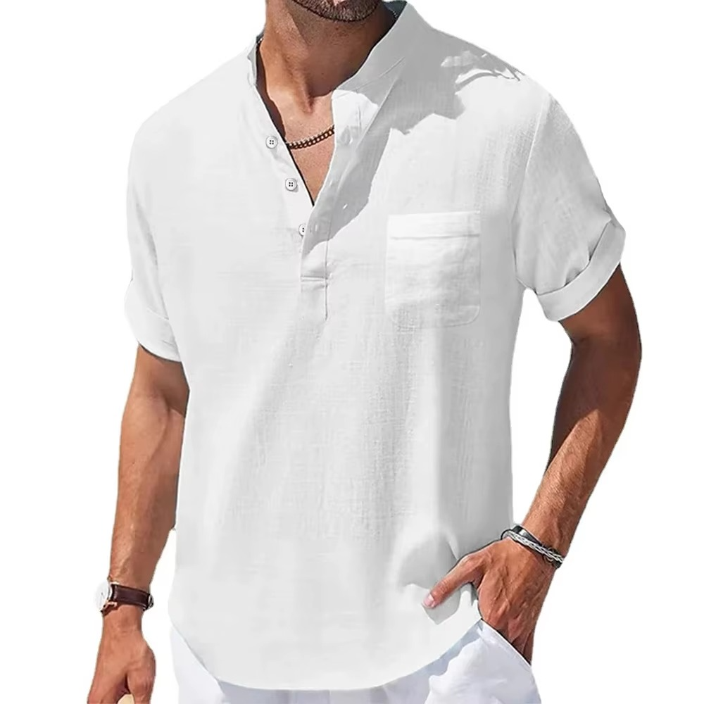 Chemise Henley Homme Été En Coton Lin Manches Courtes Décontractée Respirante Légère Marine