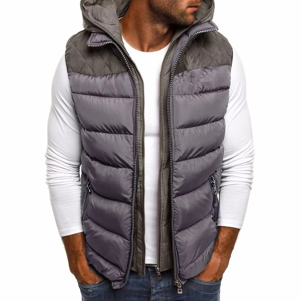 Veste Sans Manches Matelassée D'Hiver À Capuche Pour Homme Avec Broderie Et Fermeture Éclair Chaude