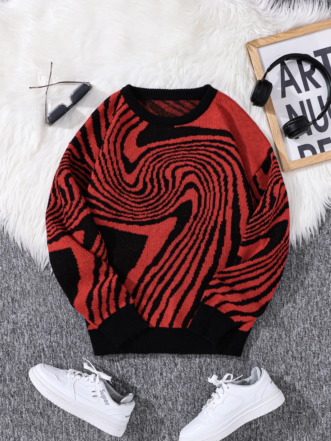 Pull En Laine Abstrait Swirlstorm Motif Jacquard Inspiré Labyrinthe Confort Décontracté
