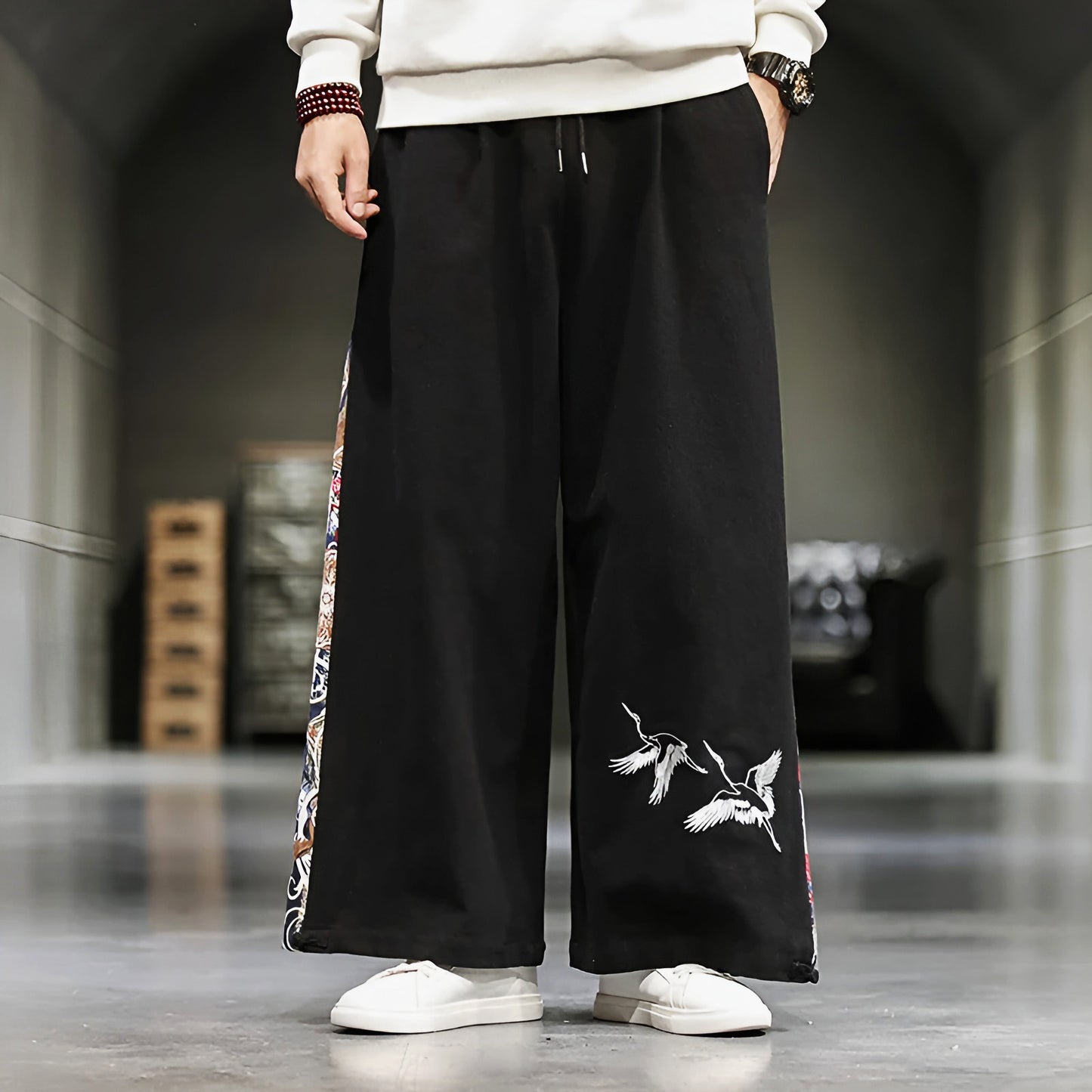 Pantalon Kaizen Brodé En Coton Lin Respirant Avec Broderie Orientale Coupe Large
