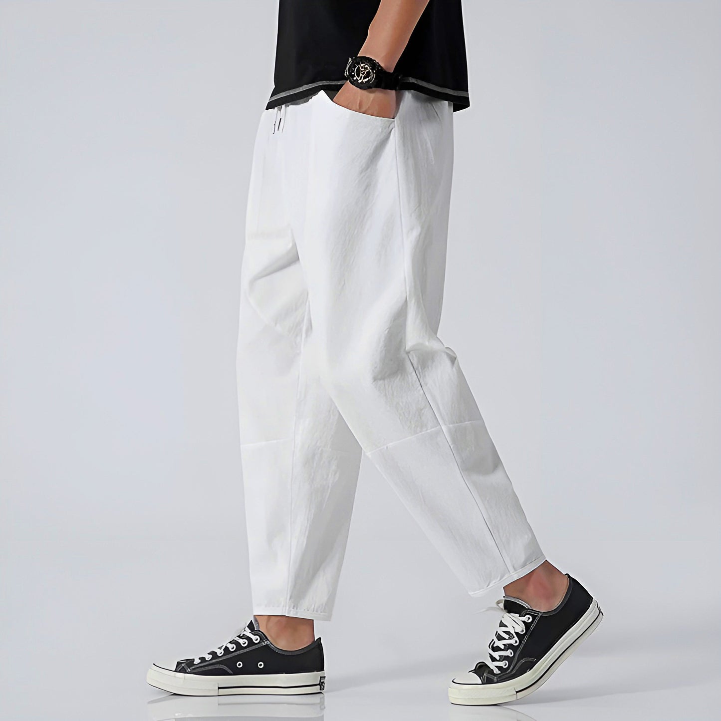 Pantalon Cropped En Coton Lin Respirant À Taille Ajustable Par Cordon Coupe Décontractée Et Moderne