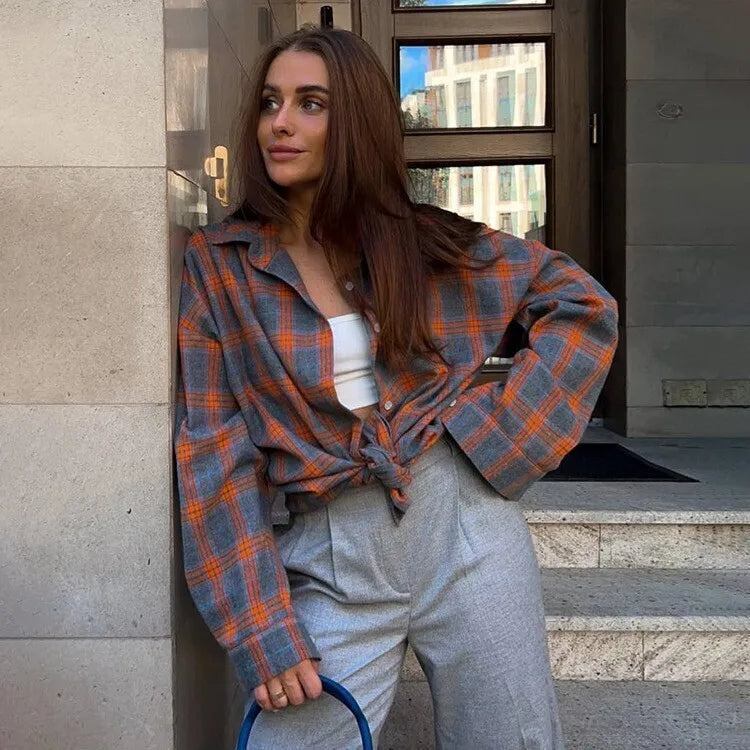 Chemise Oversized À Carreaux Pour Femme Manches Longues Avec Boutons Poches Poitrine Amawinc