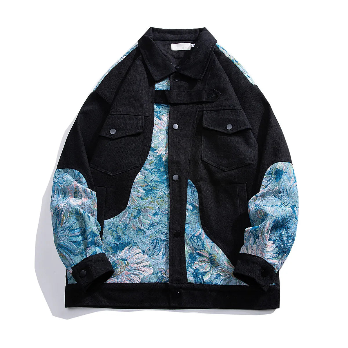 Veste En Denim Brodée Panneaux Floraux Color Block Unisexe Coupe Loose Contemporaine Et Rétro Pour Toutes Saisons